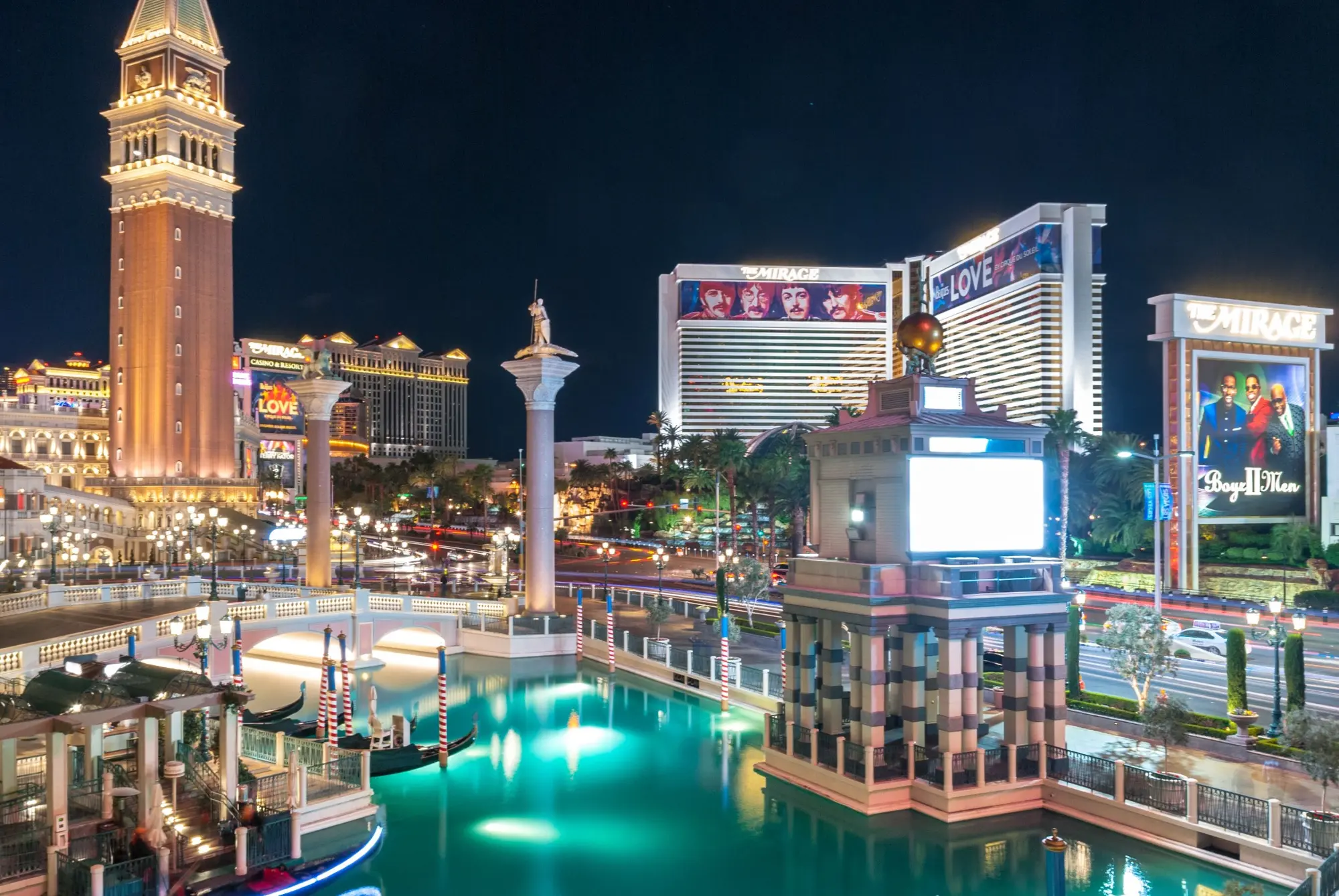 Nighttime view of Venetian architecture and the Las Vegas Strip